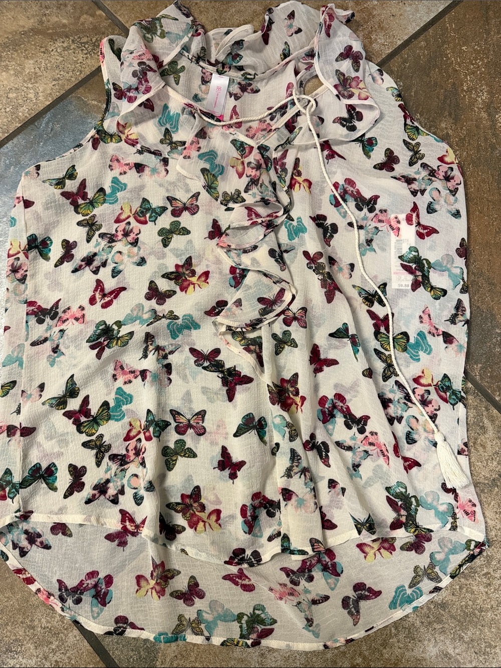 No Boundaries White Sleeveless Butterfly Ruffle Tie Blouse